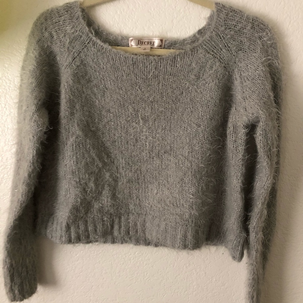 Eyelash fuzzy Holiday Grey sparkly crop sweater